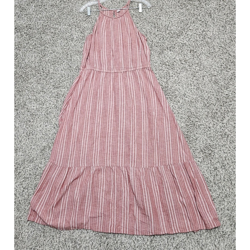 Old Navy Maxi Dress Women Lg Red Striped Halter Neck Linen Blend Tiered Boho‎ - Picture 7 of 9